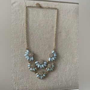 ♥️Mint Blue Floral Statement Bib Necklace – Gold-Tone Rhinestone Flower Collar